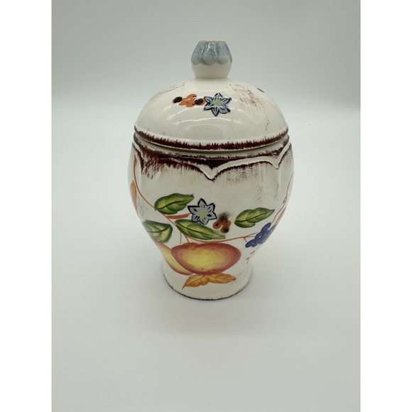 W CL Other - W‎ CL Ceramic Fruit Canister Jar Lid Hand Painted Grapes Pear Apple White 8in